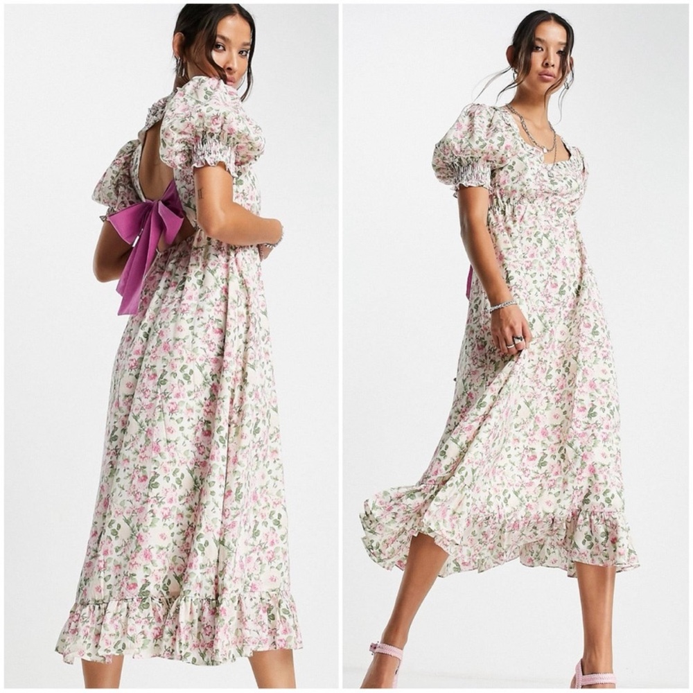 Sister Jane Garden Floral Print Bow-Back Midi Dress, Size S, Like New